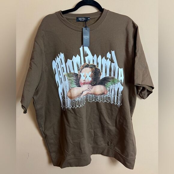 Boohoo Men’s Size XXXL Brown Oversized Angel Eyes Short Sleeve Sweatshirt NWT - Picture 1 of 5